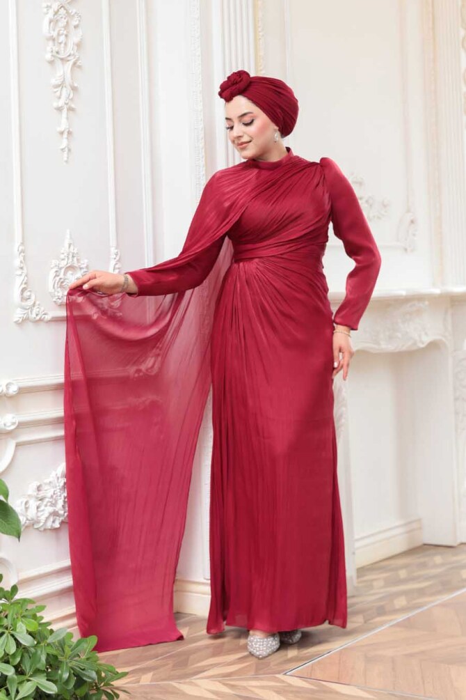 Tesettürlü Abiye Elbise - Pelerin Detaylı Bordo Tesettür Abiye Elbise 52142BR - 1