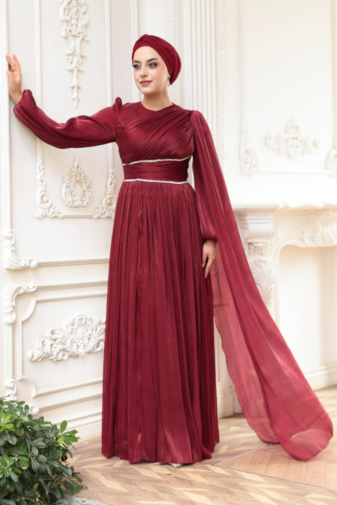Tesettürlü Abiye Elbise - Pelerin Detaylı Bordo Tesettür Abiye Elbise 53021BR - 2