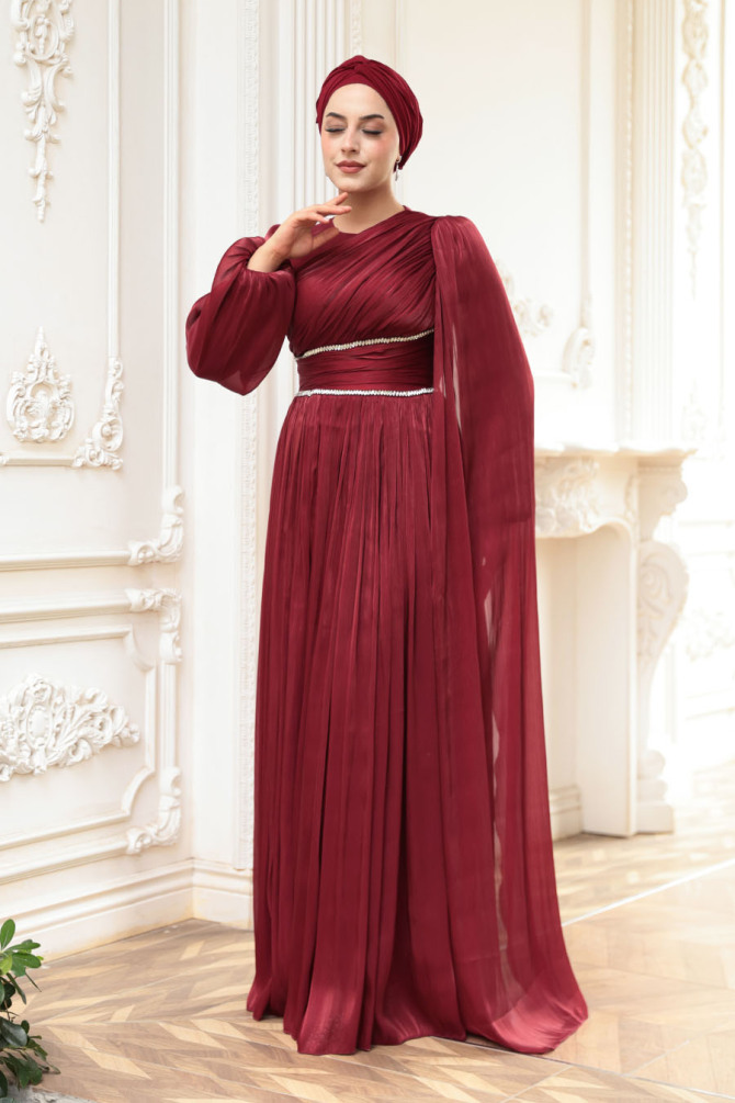 Tesettürlü Abiye Elbise - Pelerin Detaylı Bordo Tesettür Abiye Elbise 53021BR - 3