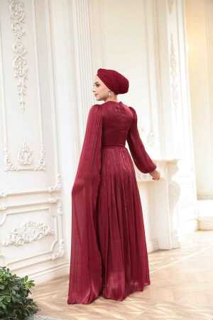 Tesettürlü Abiye Elbise - Pelerin Detaylı Bordo Tesettür Abiye Elbise 53021BR - 4