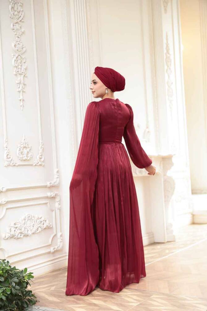 Tesettürlü Abiye Elbise - Pelerin Detaylı Bordo Tesettür Abiye Elbise 53021BR - 4