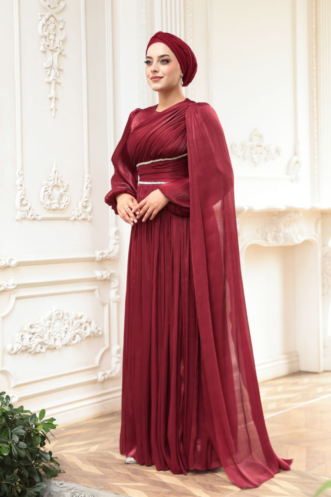 Tesettürlü Abiye Elbise - Pelerin Detaylı Bordo Tesettür Abiye Elbise 53021BR - N.S NEVA STYLE