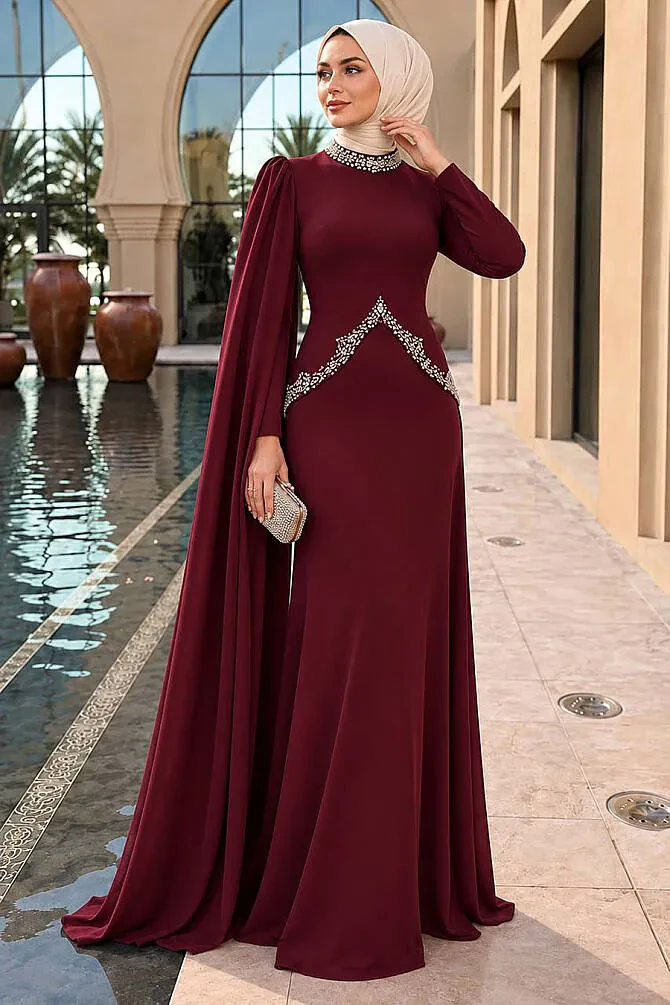 Tesettürlü Abiye Elbise - Pelerin Detaylı Bordo Tesettür Abiye Elbise 54341BR - 1