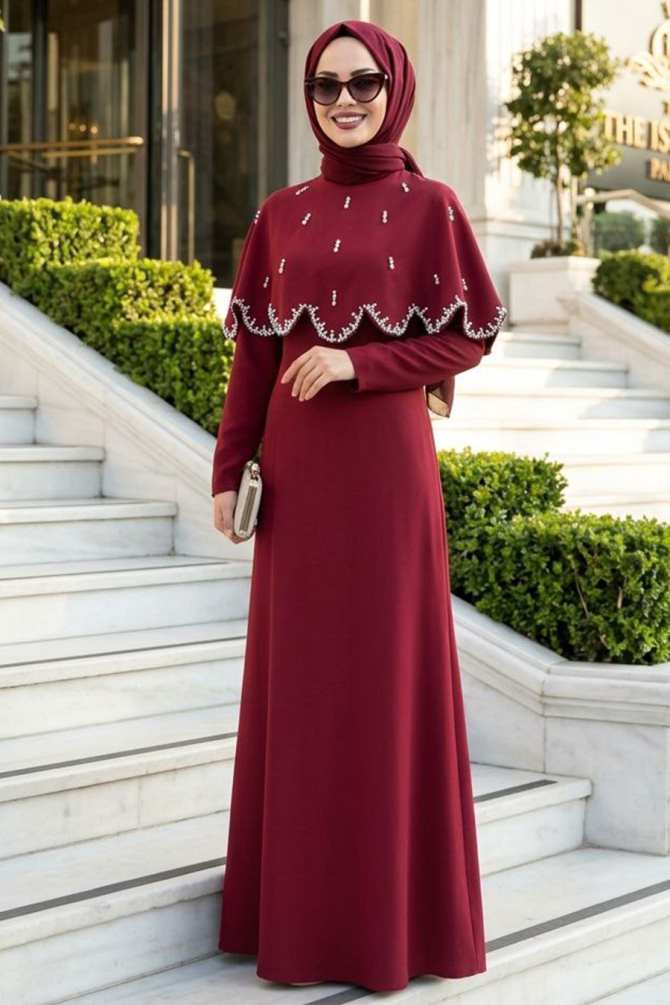 Tesettürlü Abiye Elbise - Pelerin Detaylı Bordo Tesettür Abiye Elbise 55781BR - 1