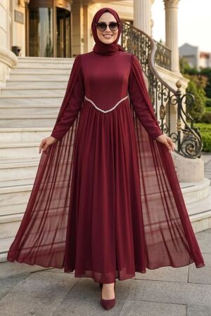 Tesettürlü Abiye Elbise - Pelerin Detaylı Bordo Tesettür Abiye Elbise 6262BR - 1
