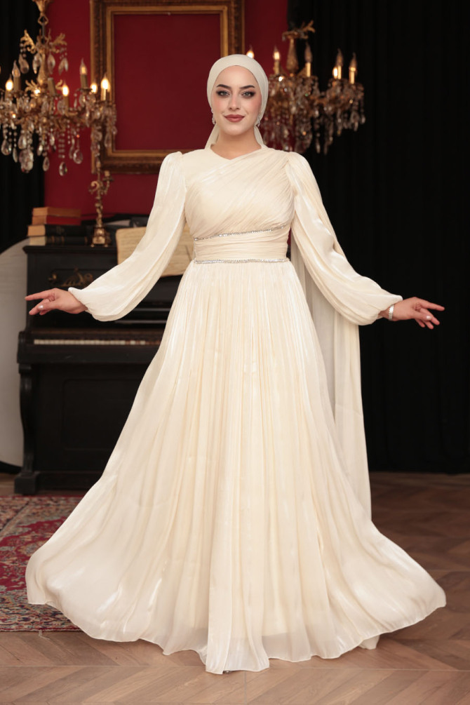 Tesettürlü Abiye Elbise - Pelerin Detaylı Ekru Tesettür Abiye Elbise 53021E - N.S NEVA STYLE