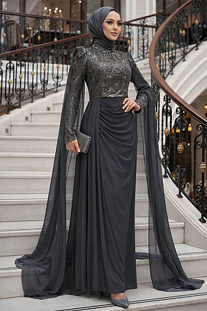 Tesettürlü Abiye Elbise - Pelerin Detaylı Füme Tesettür Abiye Elbise 52592FU 