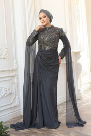 Tesettürlü Abiye Elbise - Pelerin Detaylı Füme Tesettür Abiye Elbise 52592FU 