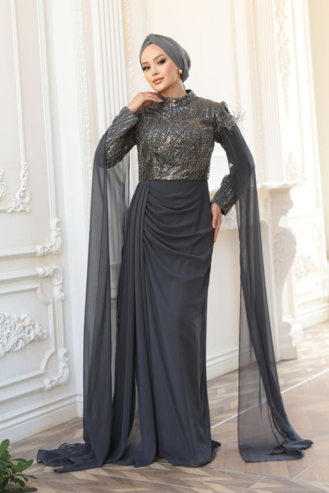 Tesettürlü Abiye Elbise - Pelerin Detaylı Füme Tesettür Abiye Elbise 52592FU - N.S NEVA STYLE