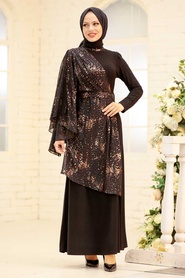 Tesettürlü Abiye Elbise - Pelerin Detaylı Gold Tesettür Abiye Elbise 32520GOLD - Thumbnail