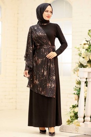 Tesettürlü Abiye Elbise - Pelerin Detaylı Gold Tesettür Abiye Elbise 32520GOLD - Thumbnail