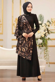 Tesettürlü Abiye Elbise - Pelerin Detaylı Gold Tesettür Abiye Elbise 32521GOLD - Thumbnail