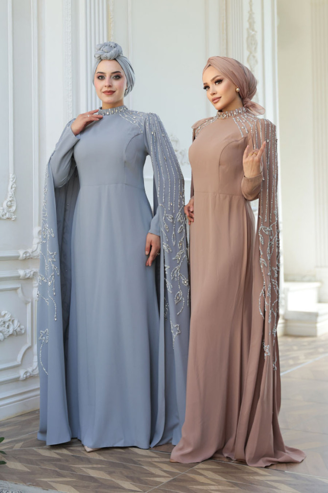 Tesettürlü Abiye Elbise - Pelerin Detaylı Gri Tesettür Abiye Elbise 52601GR - 6