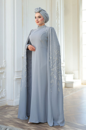 Tesettürlü Abiye Elbise - Pelerin Detaylı Gri Tesettür Abiye Elbise 52601GR - 2