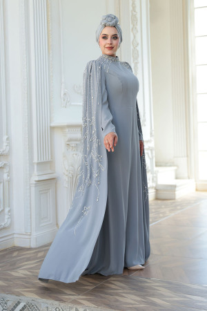 Tesettürlü Abiye Elbise - Pelerin Detaylı Gri Tesettür Abiye Elbise 52601GR - 3