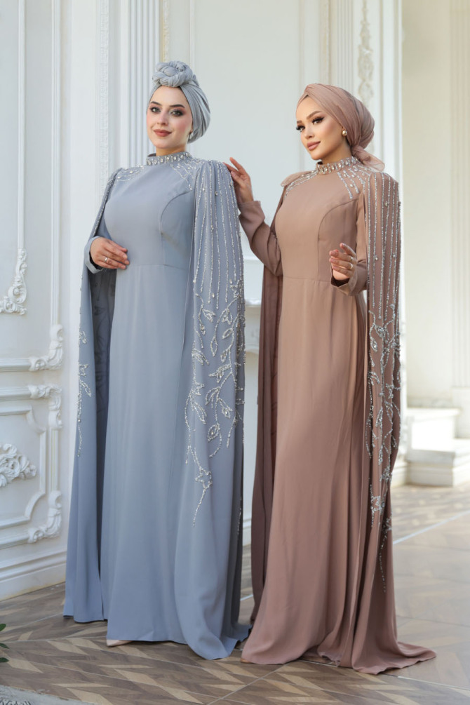 Tesettürlü Abiye Elbise - Pelerin Detaylı Gri Tesettür Abiye Elbise 52601GR - 5