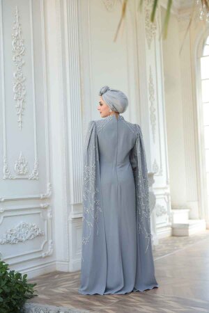 Tesettürlü Abiye Elbise - Pelerin Detaylı Gri Tesettür Abiye Elbise 52601GR - 7