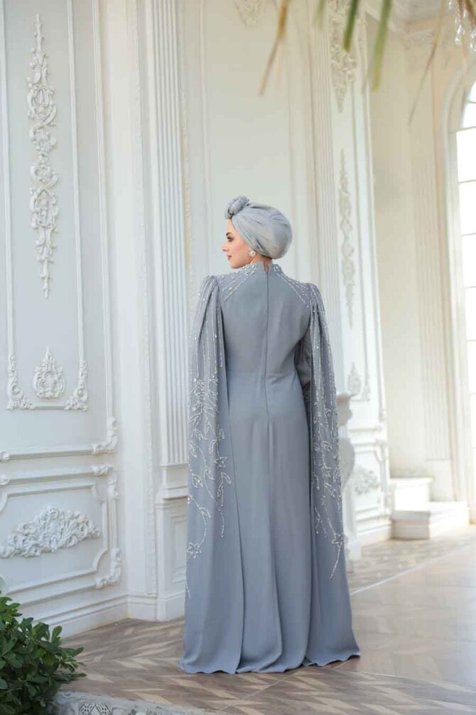 Tesettürlü Abiye Elbise - Pelerin Detaylı Gri Tesettür Abiye Elbise 52601GR - 7