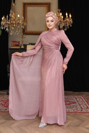 Tesettürlü Abiye Elbise - Pelerin Detaylı Gül Kurusu Tesettür Abiye Elbise 5296GK 