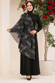 Tesettürlü Abiye Elbise - Pelerin Detaylı Gümüş Tesettür Abiye Elbise 32520GMS - Thumbnail