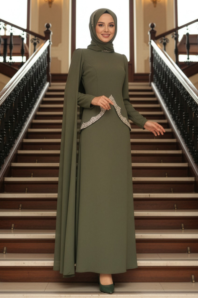 Tesettürlü Abiye Elbise - Pelerin Detaylı Haki Tesettür Abiye Elbise 54341HK - 1