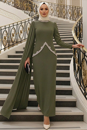 Tesettürlü Abiye Elbise - Pelerin Detaylı Haki Tesettür Abiye Elbise 54341HK 