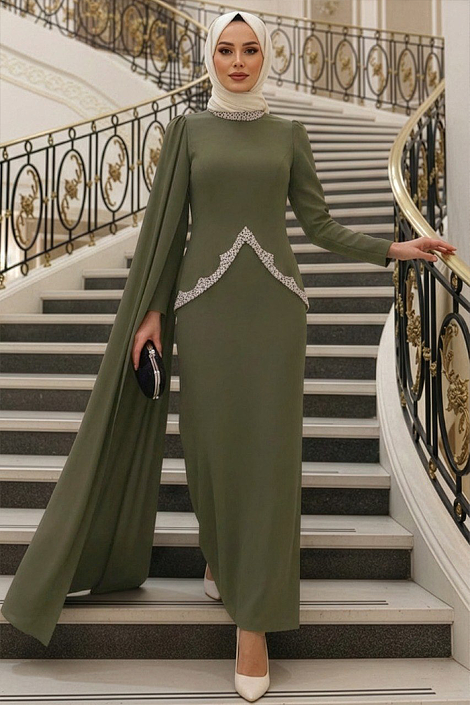 Tesettürlü Abiye Elbise - Pelerin Detaylı Haki Tesettür Abiye Elbise 54341HK - 1