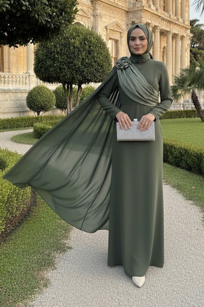 Tesettürlü Abiye Elbise - Pelerin Detaylı Haki Tesettür Saten Abiye Elbise 57913HK - N.S NEVA STYLE