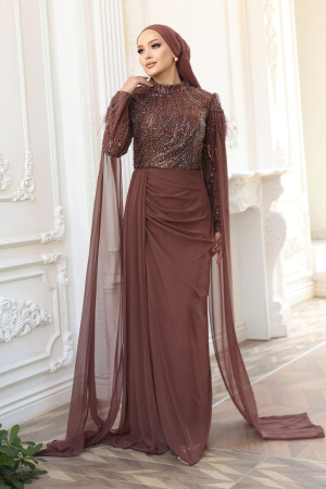 Tesettürlü Abiye Elbise - Pelerin Detaylı Kahverengi Tesettür Abiye Elbise 52592KH - 3