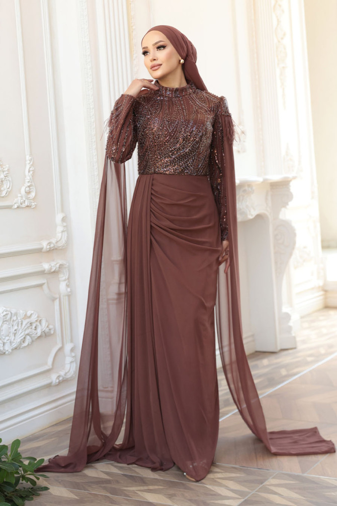 Tesettürlü Abiye Elbise - Pelerin Detaylı Kahverengi Tesettür Abiye Elbise 52592KH - 3