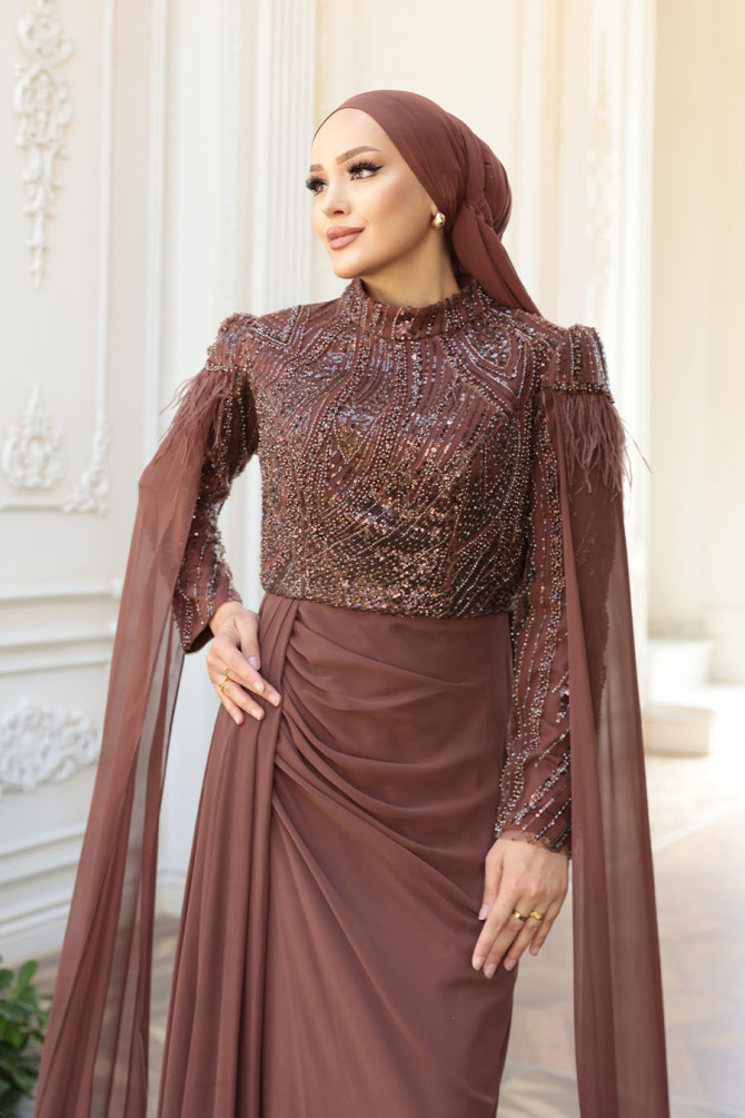 Tesettürlü Abiye Elbise - Pelerin Detaylı Kahverengi Tesettür Abiye Elbise 52592KH - 4