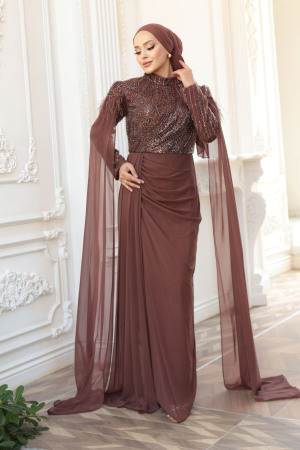 Tesettürlü Abiye Elbise - Pelerin Detaylı Kahverengi Tesettür Abiye Elbise 52592KH - 2
