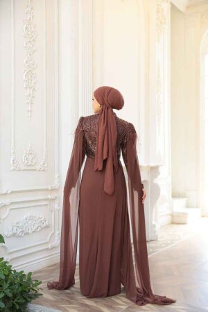 Tesettürlü Abiye Elbise - Pelerin Detaylı Kahverengi Tesettür Abiye Elbise 52592KH - 8