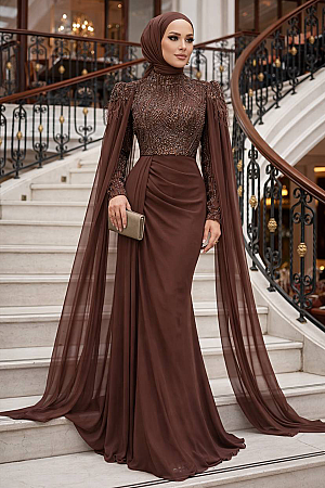 Tesettürlü Abiye Elbise - Pelerin Detaylı Kahverengi Tesettür Abiye Elbise 52592KH - N.S NEVA STYLE