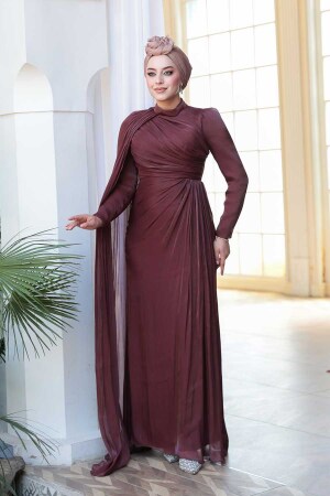 Tesettürlü Abiye Elbise - Pelerin Detaylı Kahverengi Tesettür Abiye Elbise 5296KH 