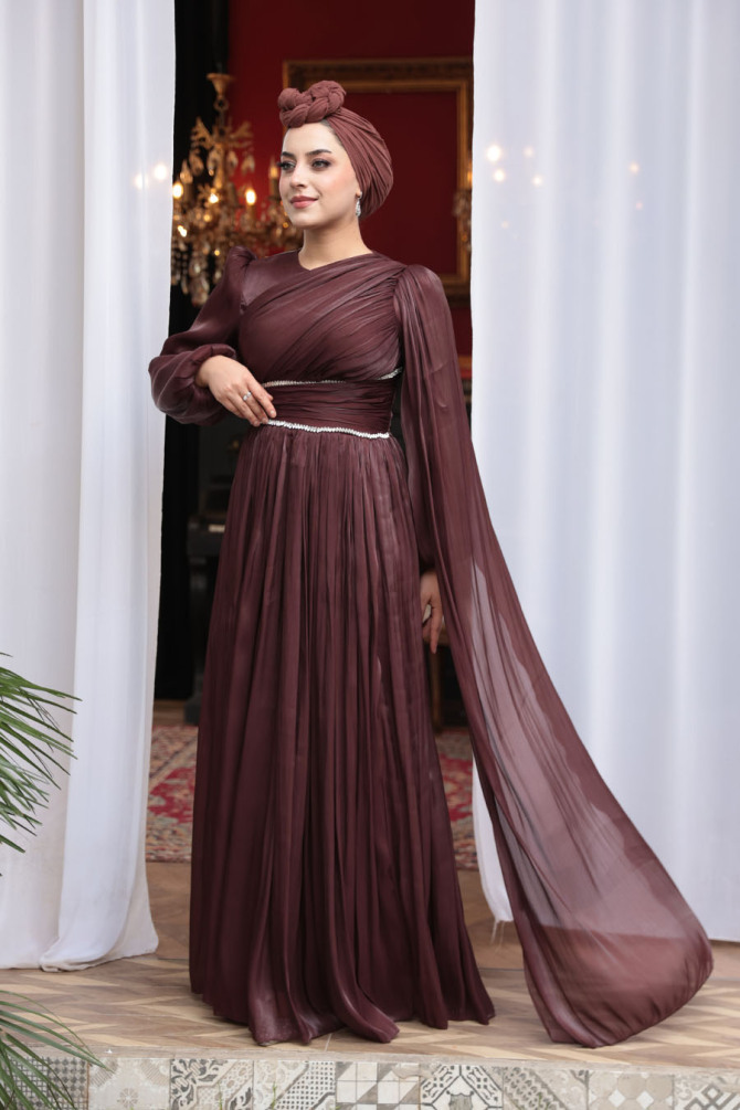 Tesettürlü Abiye Elbise - Pelerin Detaylı Kahverengi Tesettür Abiye Elbise 53021KH - 4