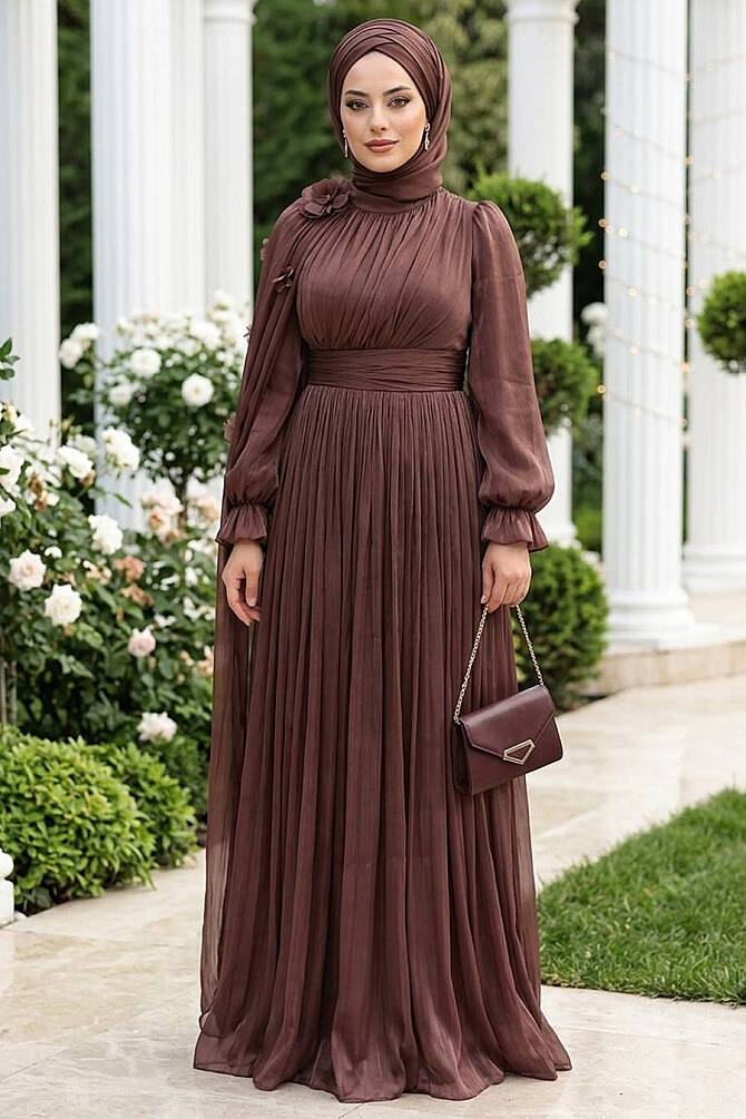 Tesettürlü Abiye Elbise - Pelerin Detaylı Kahverengi Tesettür Abiye Elbise 5394KH - 1