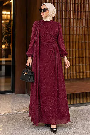 Modest Evening Dress - Cape Detail Dark Burgundy Modest Evening Dress 4875KBR - 1