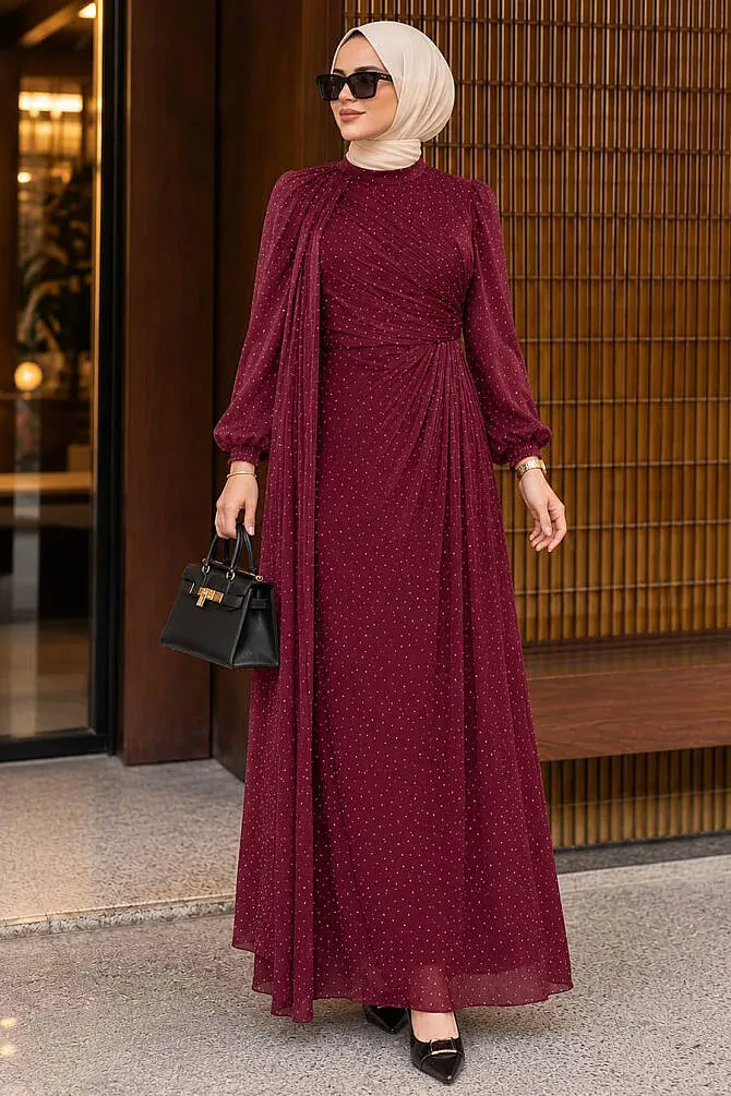 Modest Evening Dress - Cape Detail Dark Burgundy Modest Evening Dress 4875KBR - 1