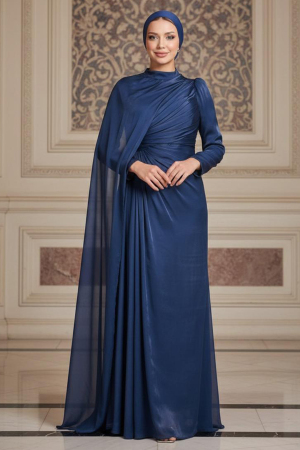 Tesettürlü Abiye Elbise - Pelerin Detaylı Koyu İndigo Mavisi Tesettür Abiye Elbise 52142KIM - N.S NEVA STYLE