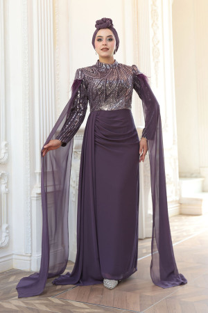 Tesettürlü Abiye Elbise - Pelerin Detaylı Koyu Lila Tesettür Abiye Elbise 52592KLILA - 4