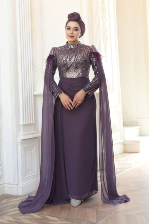 Tesettürlü Abiye Elbise - Pelerin Detaylı Koyu Lila Tesettür Abiye Elbise 52592KLILA - 2
