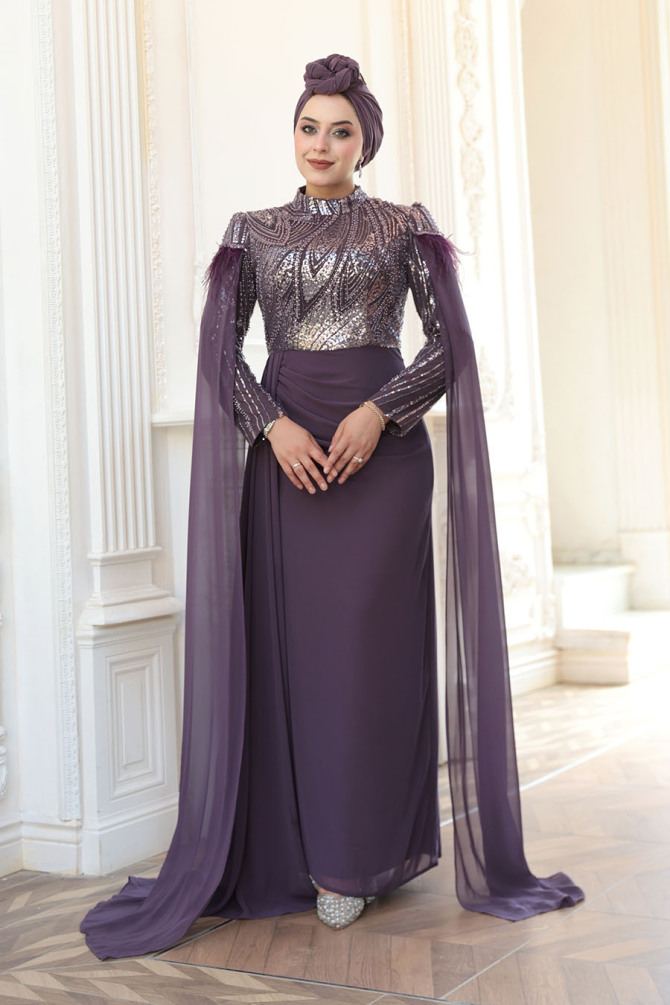 Tesettürlü Abiye Elbise - Pelerin Detaylı Koyu Lila Tesettür Abiye Elbise 52592KLILA - 2