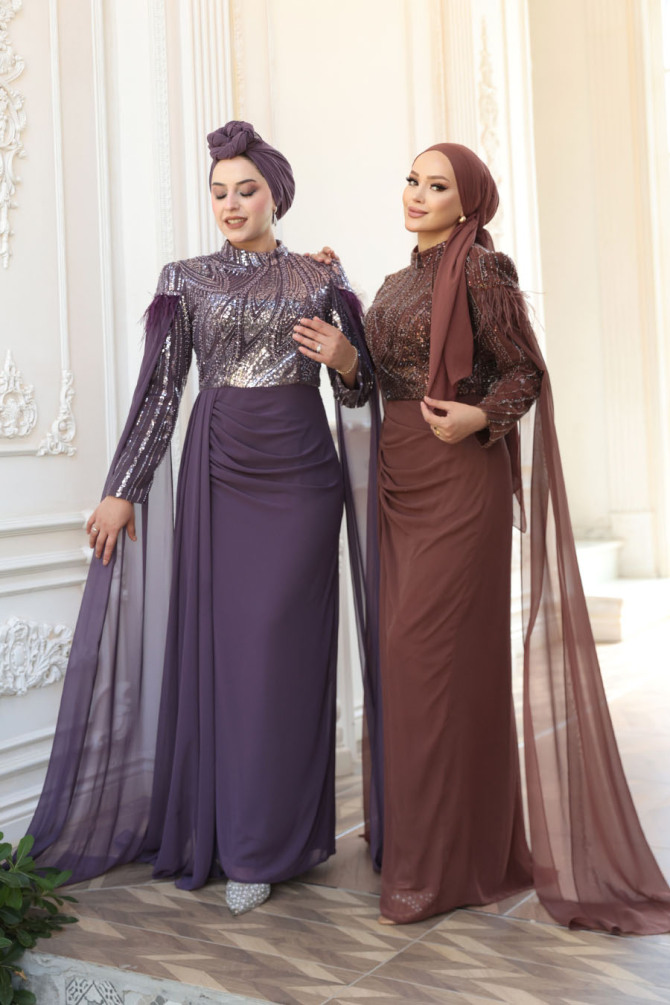 Tesettürlü Abiye Elbise - Pelerin Detaylı Koyu Lila Tesettür Abiye Elbise 52592KLILA - 6