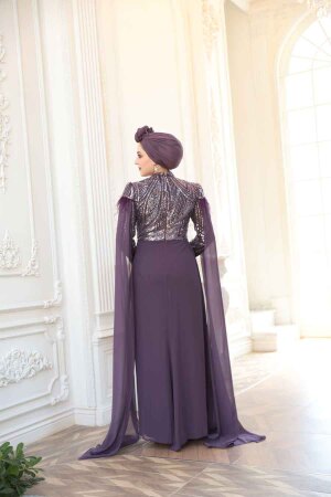 Tesettürlü Abiye Elbise - Pelerin Detaylı Koyu Lila Tesettür Abiye Elbise 52592KLILA - 8
