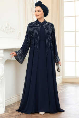 Tesettürlü Abiye Elbise - Pelerin Detaylı Lacivert Tesettür Abiye Elbise 25912L 