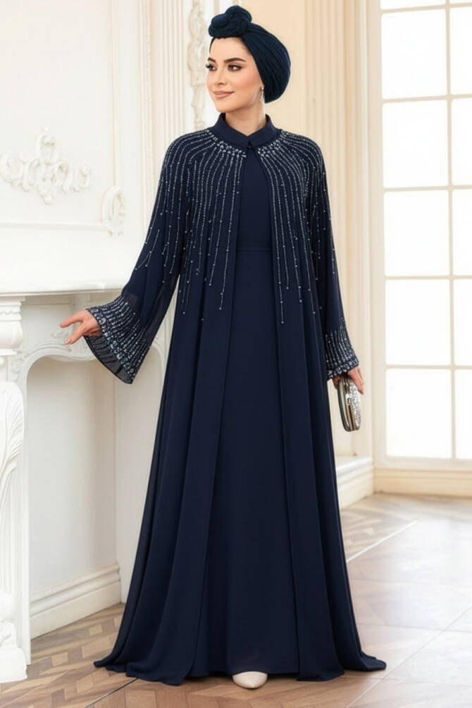 Tesettürlü Abiye Elbise - Pelerin Detaylı Lacivert Tesettür Abiye Elbise 25912L - 1