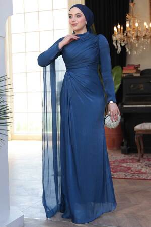 Tesettürlü Abiye Elbise - Pelerin Detaylı Lacivert Tesettür Abiye Elbise 52142L - 2
