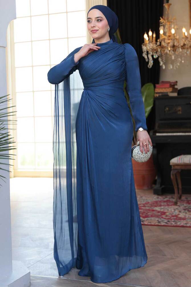 Tesettürlü Abiye Elbise - Pelerin Detaylı Lacivert Tesettür Abiye Elbise 52142L - 2