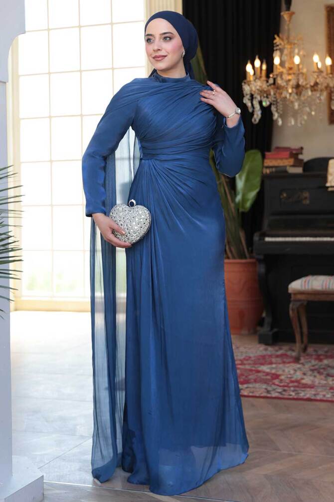 Tesettürlü Abiye Elbise - Pelerin Detaylı Lacivert Tesettür Abiye Elbise 52142L - 3